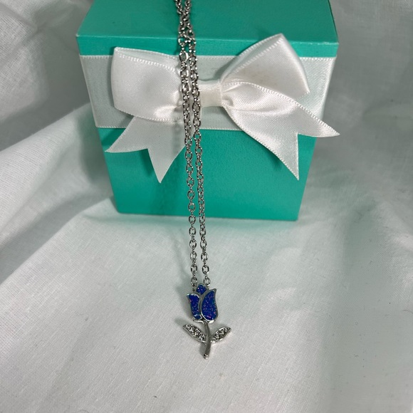 Blue Glitter Sparkle Tulip Flower Floral Necklace Deadstock NEW Minimalist - Picture 3 of 8